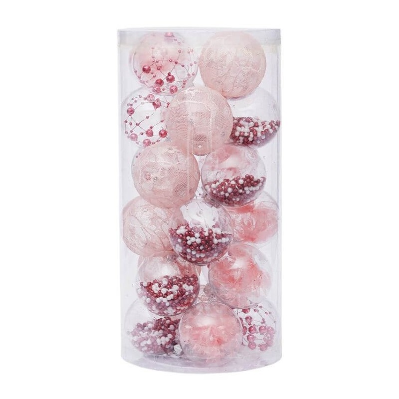 Žaisliukų eglutei rinkinys 25vnt raudoni rožiniai 6cm