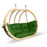 Medinis pakabinamas dvivietis krėslas su stovu, žalio spalvos pagalvėlė