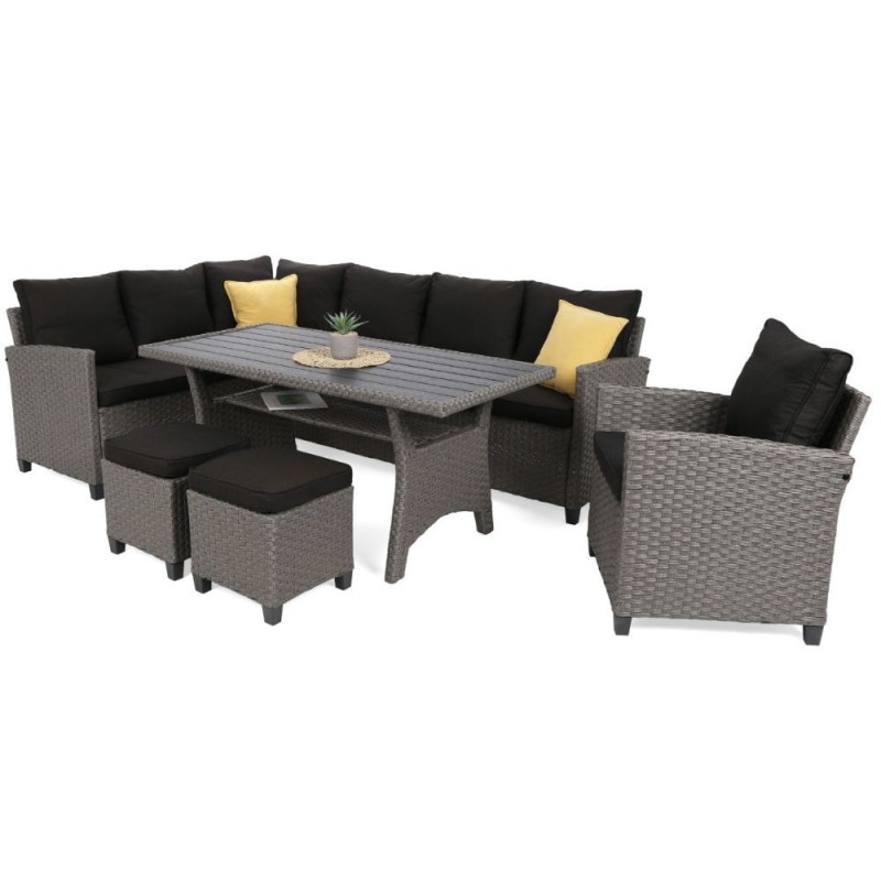 Lauko baldų komplektas LAROS su pufais ir foteliu BLACK/GREY