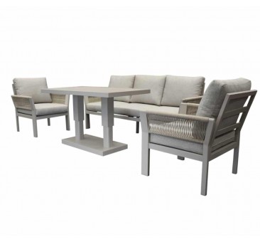 Lauko baldų komplektas SAIGON LATTE – sofa, fotelis, valgomojo-poilsio zona, 4 dalių komplektas su reguliuojamu aliuminio stalu