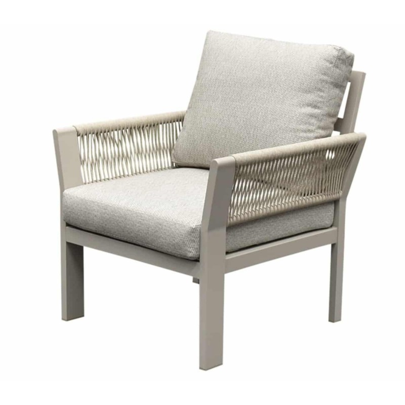Lauko baldų komplektas SAIGON LATTE – sofa, fotelis, valgomojo-poilsio zona, 4 dalių komplektas su reguliuojamu aliuminio stalu