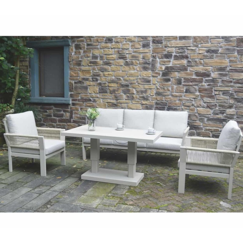 Lauko baldų komplektas SAIGON LATTE – sofa, fotelis, valgomojo-poilsio zona, 4 dalių komplektas su reguliuojamu aliuminio stalu