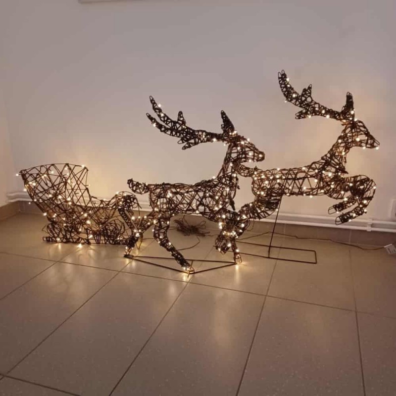 Kalėdinė 3D dekoracija – du elniai su rogėmis, 380 LED šiltai balta spalva, 180x86x18cm