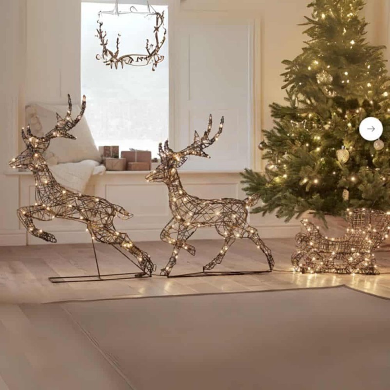 Kalėdinė 3D dekoracija – du elniai su rogėmis, 380 LED šiltai balta spalva, 180x86x18cm